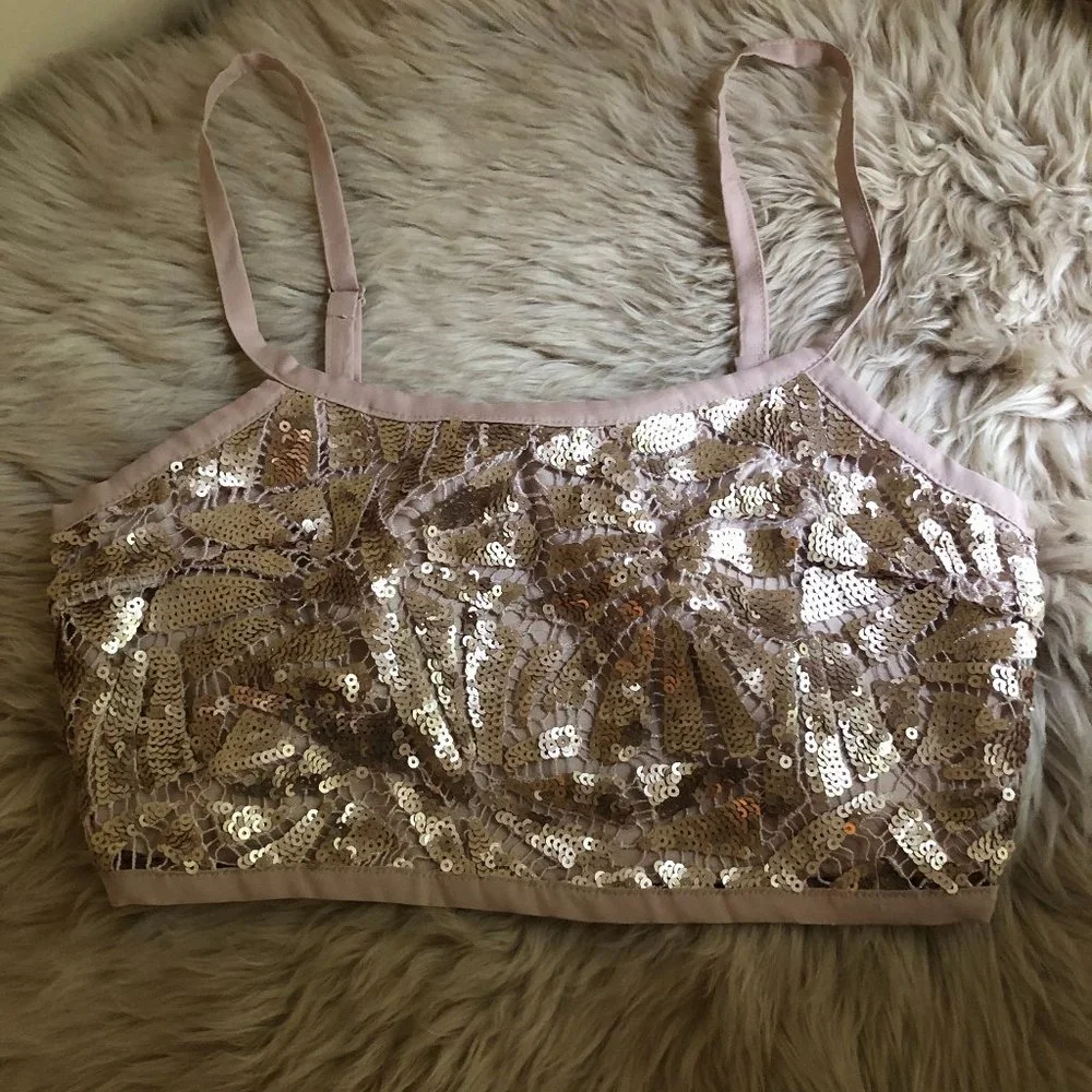 Forever 21 Rose Gold Sequin Rhinestone Crop Top | S - Picture 5 of 10